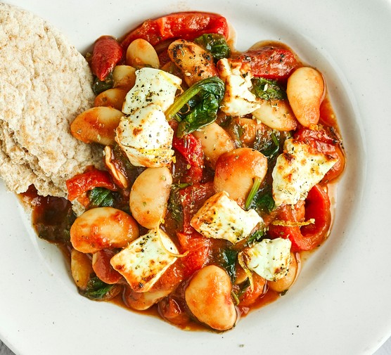 Crispy grilled feta with saucy butter beans