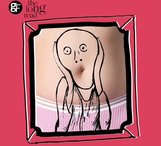 A cartoon drawing of Munch's 'Scream' superimposed on a photo of a belly