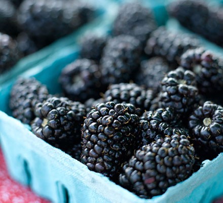 Top benefits of blackberries Fresh blackberries in baskets at market