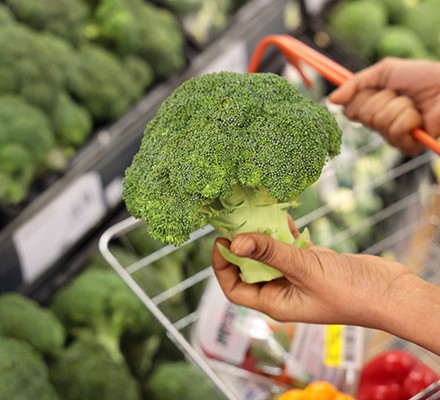 In a supermarket, a head of broccoli is put into a shopping basket