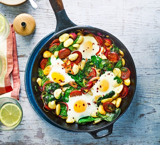 Gluten and dairy-free recipes Butterbean, chorizo & spinach baked eggs