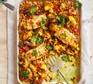 Curried butter-baked cod with cauliflower and chickpeas