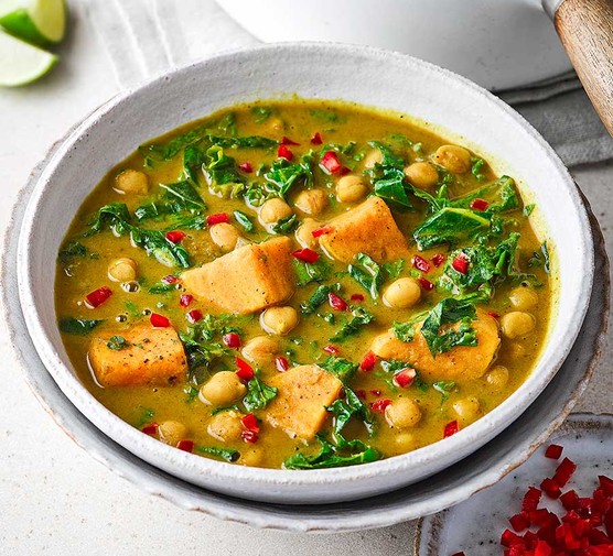 Curried kale and chickpea soup in a bowl