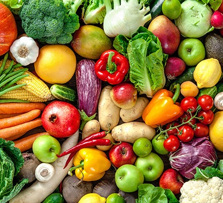 Collection of brightly coloured fresh fruit and vegetables