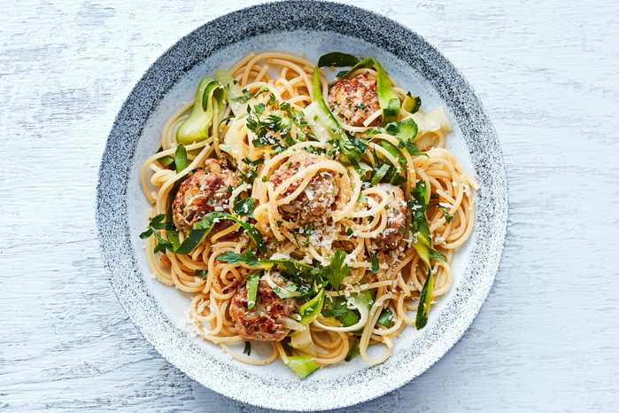 Summer meatballs & spaghetti served in a bowl