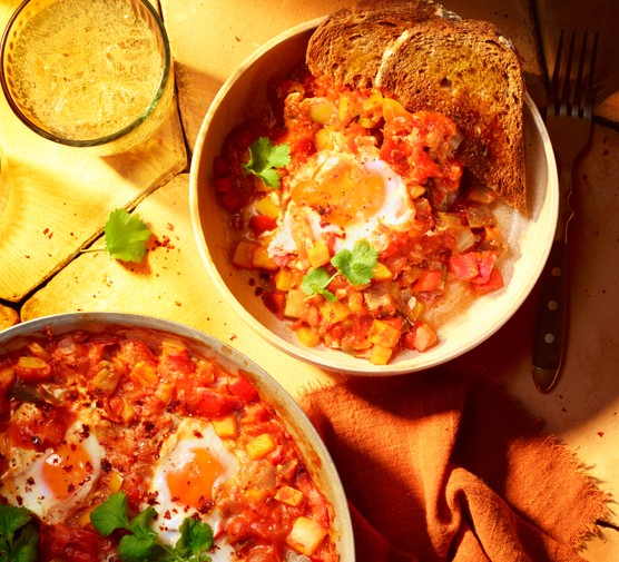 Vegetable shakshuka A bowl of shakshuka made from tomato, eggs and vegetables sit in a bowl