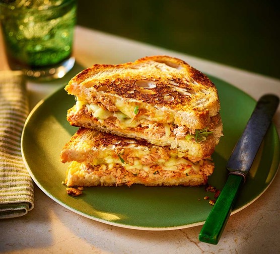 Two slices of gochujang tuna melt