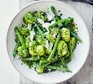 Green bean parsley pesto gnocchi served in a bowl