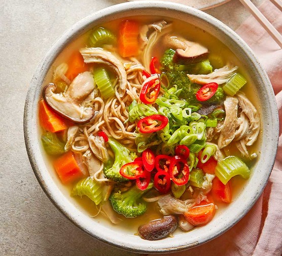 Immune-supporting miso chicken noodle soup A serving of immune-supporting miso chicken noodle soup