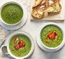 Leafy greens soup with chilli-honey halloumi croutons Leafy greens soup with chilli-honey halloumi croutons served in several bowls