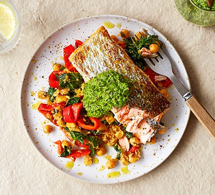 Top 20 healthy, mood-boosting recipes Salsa verde salmon with smashed chickpea salad served on a plate