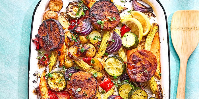Tempeh and vegetables in a tray
