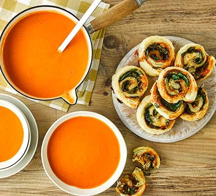 5-veg creamy tomato soup 5-veg creamy tomato soup with marmite and spinach pinwheels