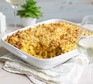 Vegan mac and cheese A baking dish serving vegan mac 'n' cheese