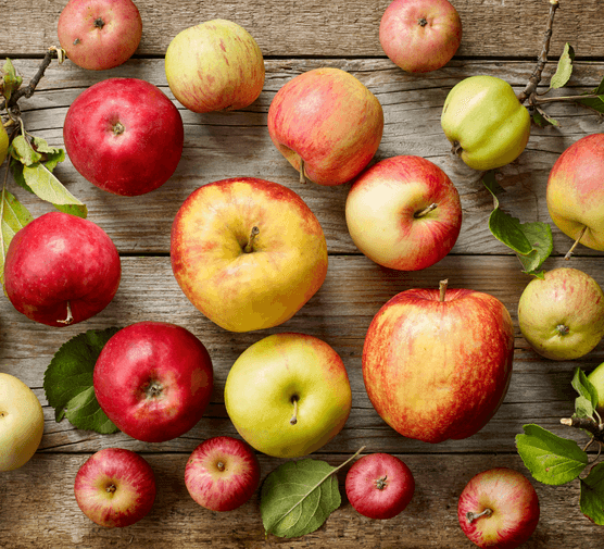The health benefits of apples Apples scattered on a wooden surface